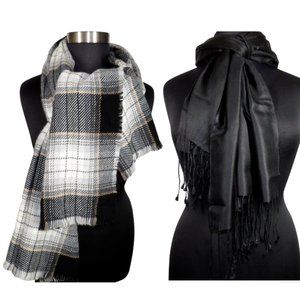 Aqua Made In Germany Black Plaid Scarf And Black Lightweight Fringed Scarf